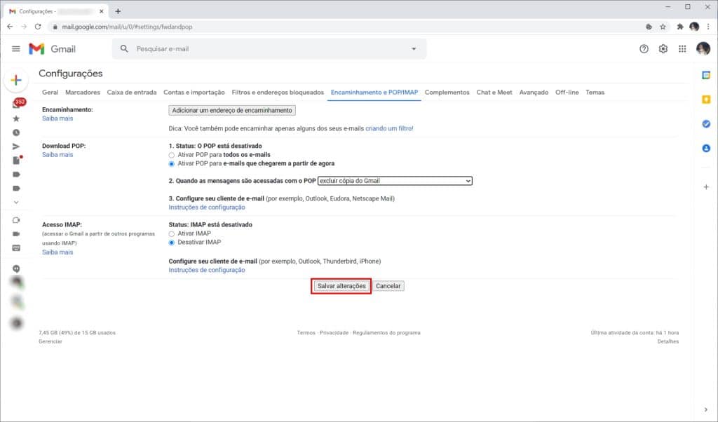 Como liberar espaço no Gmail configurando o download POP - Passo 5