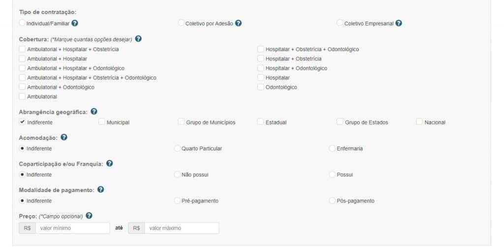 assinalar as opções de plano de saúde no site da ans