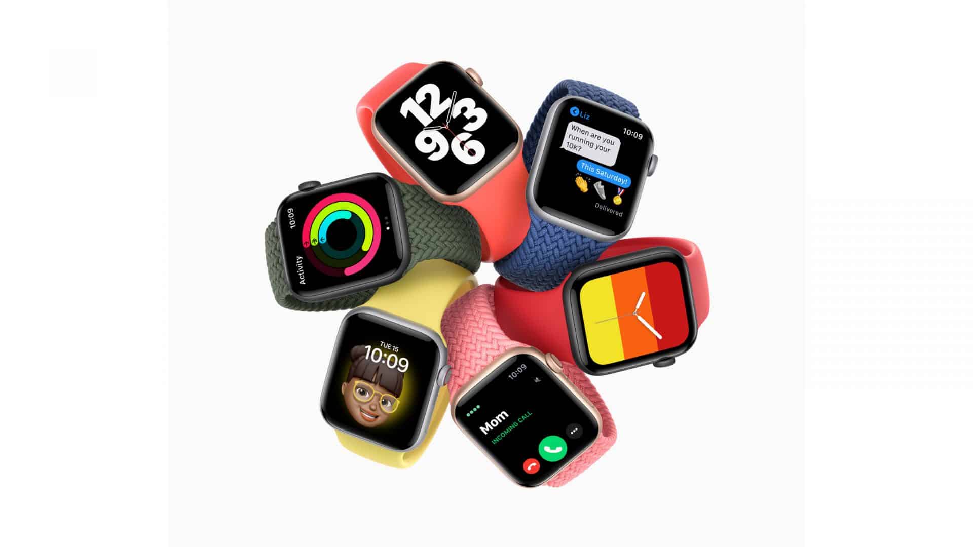 Seis Apple Watch SE, mostrand uma variedade de faces para a tela e estilos de pulseiras