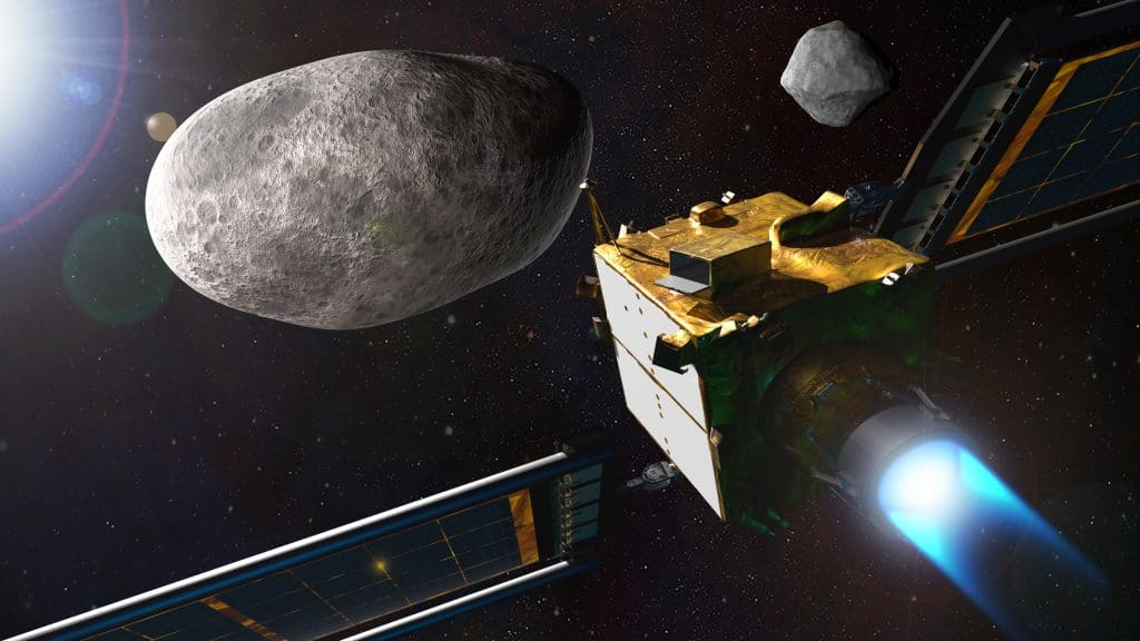 Ilustração mostra a espaçonave Dart a caminho do asteroide Didymos