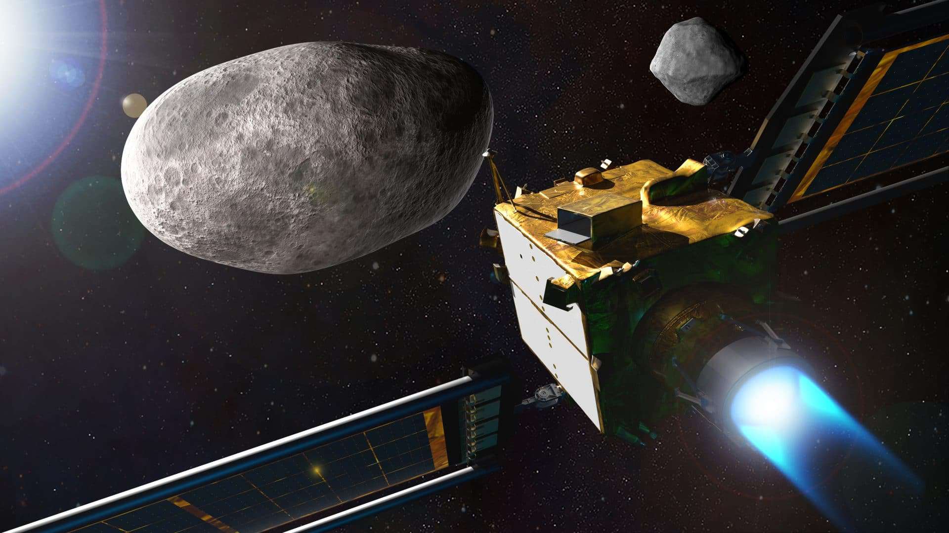 Ilustração mostra a espaçonave Dart a caminho do asteroide Didymos