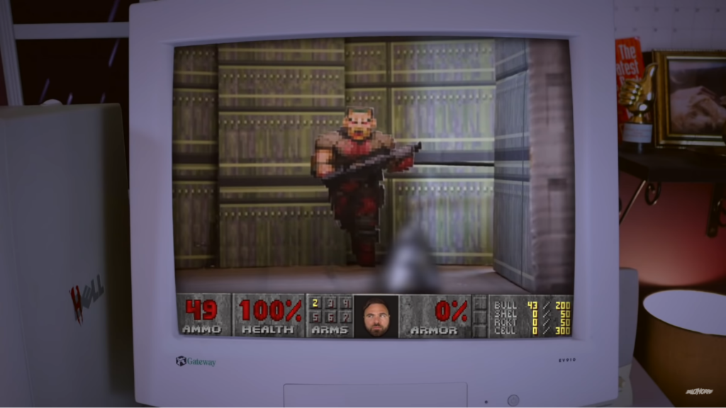 Captura de imagem mostrando como papelão foi usado para recriar o jogo "DOOM 2"
