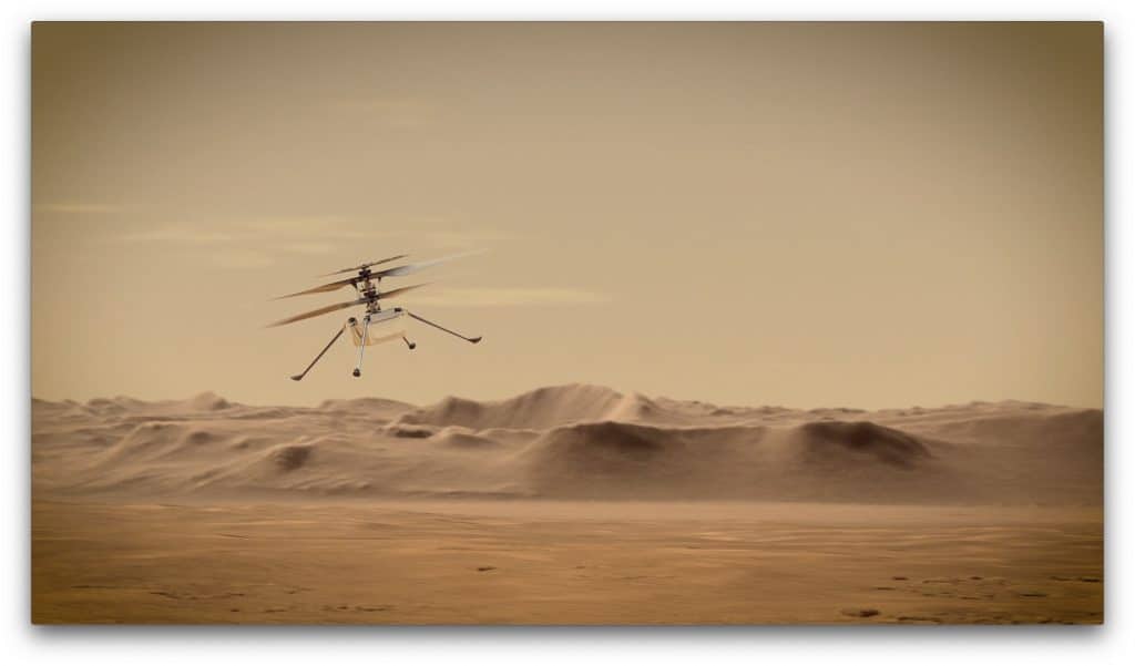 Ilustração mostra o drone Ingenuity voando sobre a paisagem Marciana.