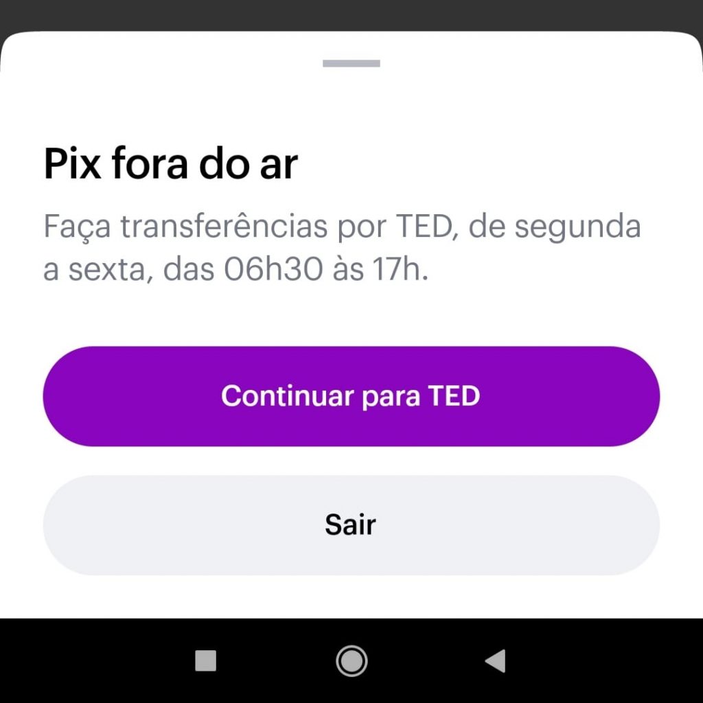 app do nubank indicando que o serviço pix estava fora do ar