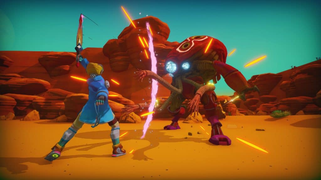 Imagem mostrando o protagonista do jogo "PixelJunk Raiders", exclusivo para o Stadia, combatendo um inimigo com sua espada