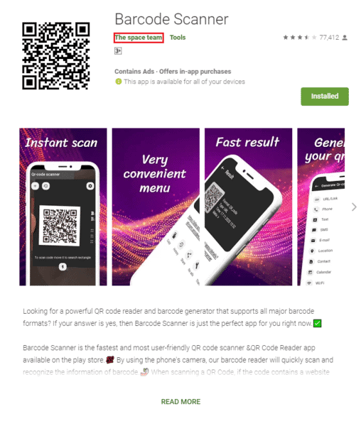 Listagem do app Barcode Scanner no Google Play, mostrando que é de propriedade da Space Team