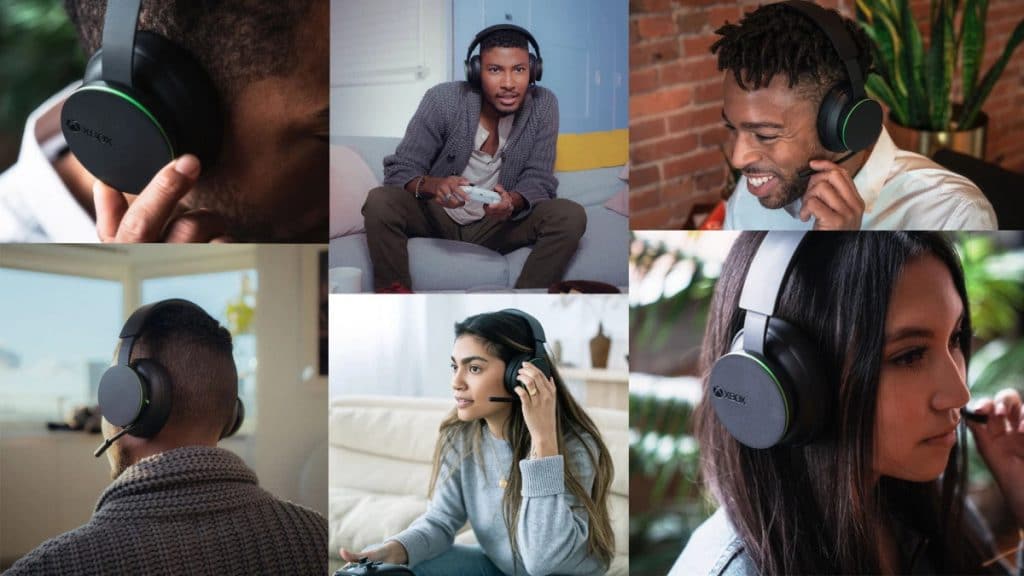 Imagem mostrando várias pessoas usando o headset wireless do Xbox em variadas situações