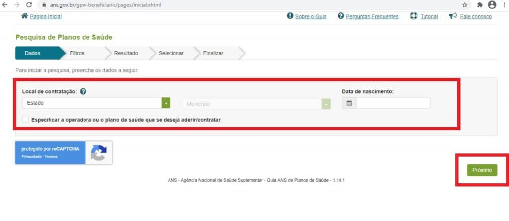 pesquisa por planos de saúde no site da ans