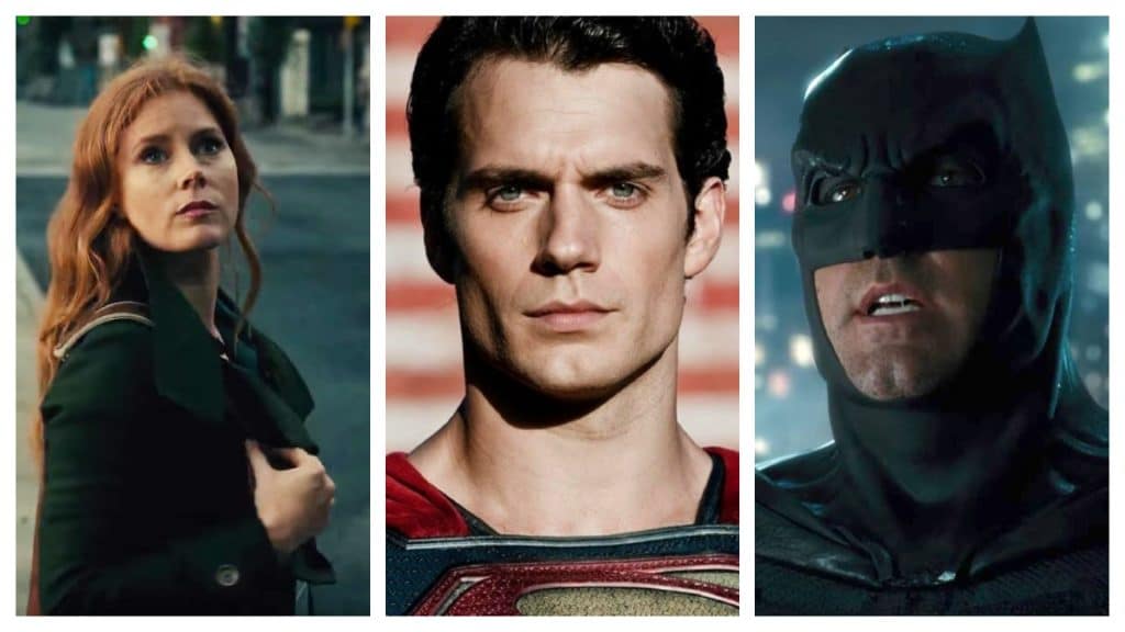 Lois Lane (esq.), Superman (centro) e Batman (dir.)