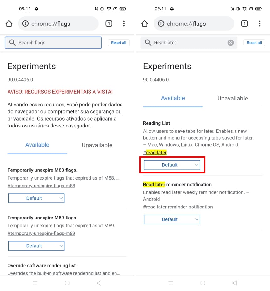 Como ativar o recurso ler mais tarde do Chrome no Android - Passo 2