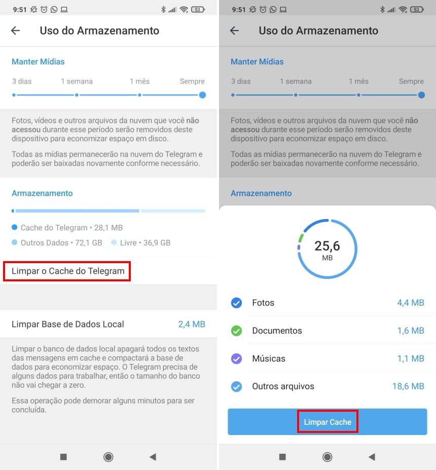 Como fazer o Telegram ocupar menos espaço no celular - Passo 4