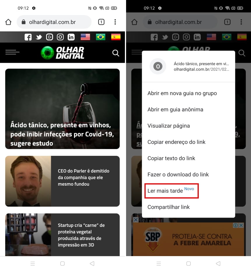 Como ativar o recurso ler mais tarde do Chrome no Android - Passo 4