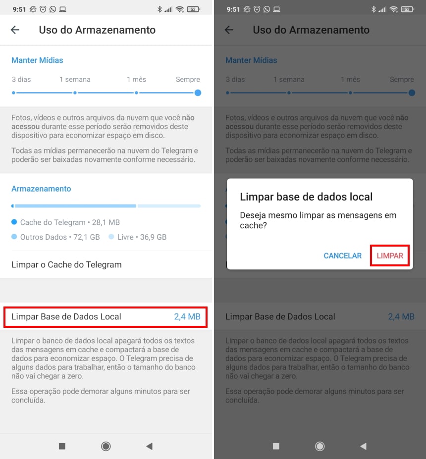 Como fazer o Telegram ocupar menos espaço no celular - Passo 5