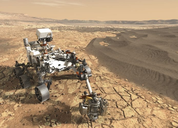 Ilustração mostra rover Perseverance coletando amostras na superfície de Marte