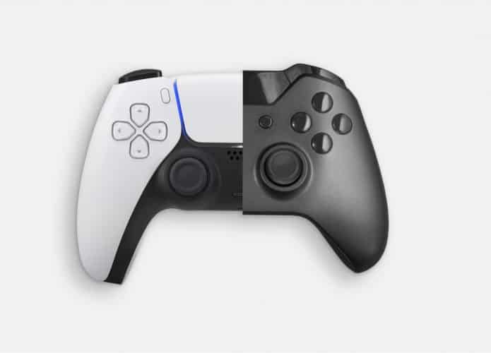 Imagem mostra os controles do PlayStation 5, da Sony, e Xbox Series X, da Microsoft, alinhados lateralmente