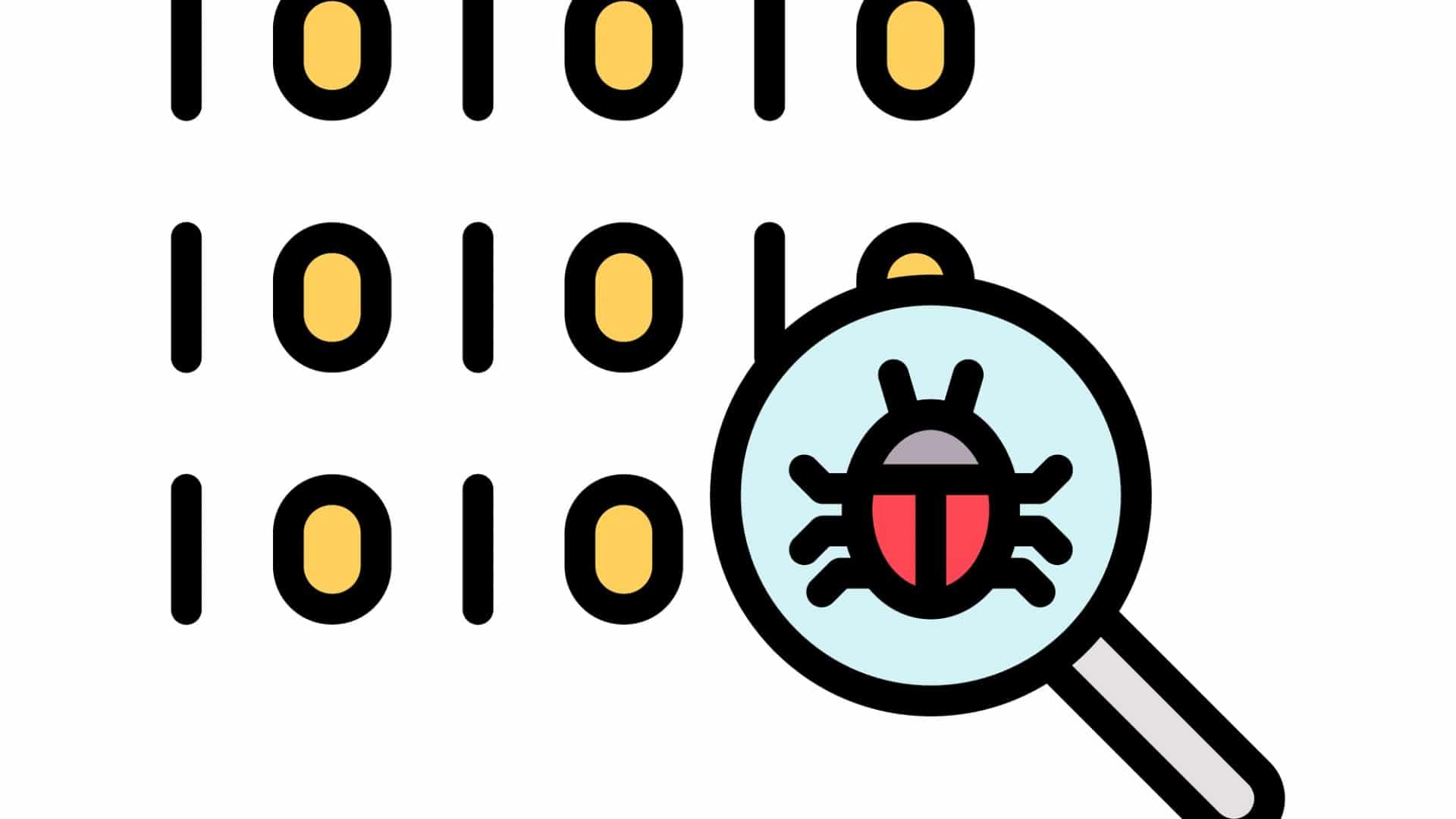 Ilustração de código binário e um inseto sob uma lupa, representando o conceito de bug de software