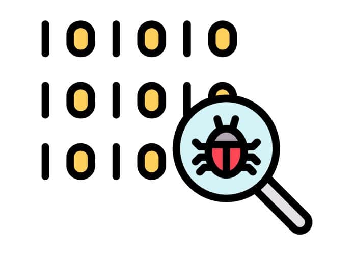 Ilustração de código binário e um inseto sob uma lupa, representando o conceito de bug de software