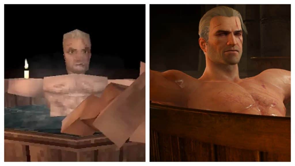 Quase igual: designer recria a "cena da banheira" de "Witcher 3: Wild Hunt", mas com tratamento gráfico do primeiro PlayStation. Imagem: Anders Lundbjörk/Olhar Digital/Reprodução