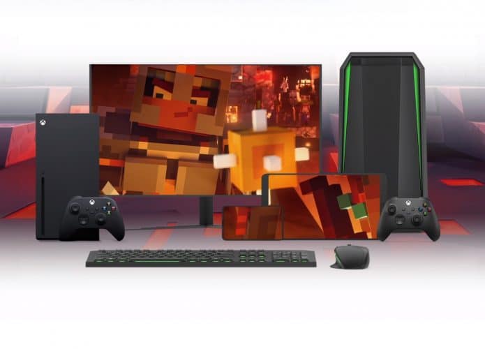 Imagem mostra o jogo Minecraft sendo exibido em diversos dispositivos