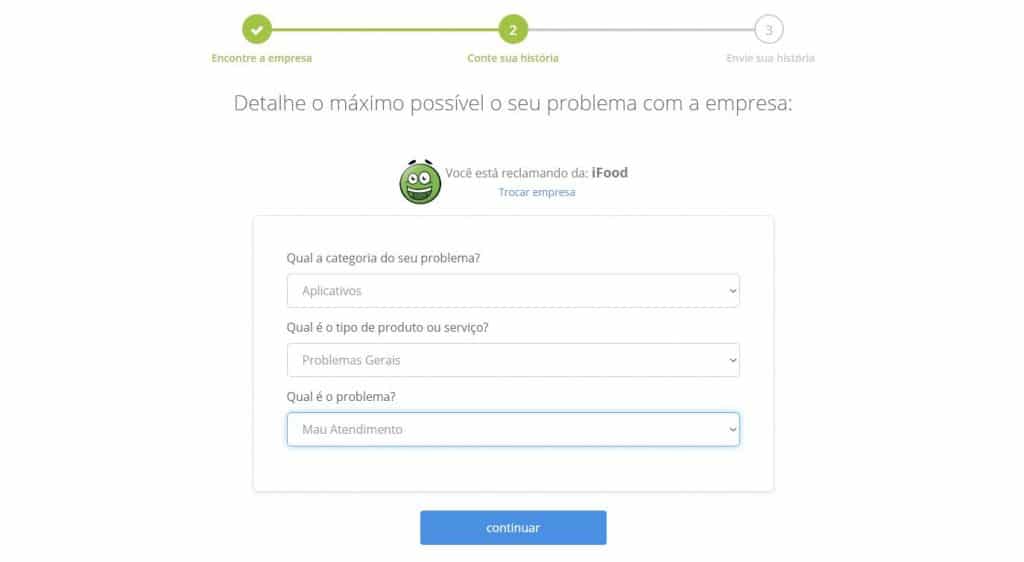 Página para identificar os problemas vivenciados