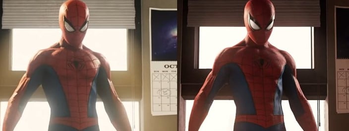 Imagem mostra comparação gráfica de 'Spider-Man Remastered' entre PS4 e PS5. Imagem: Reprodução/Gameriot