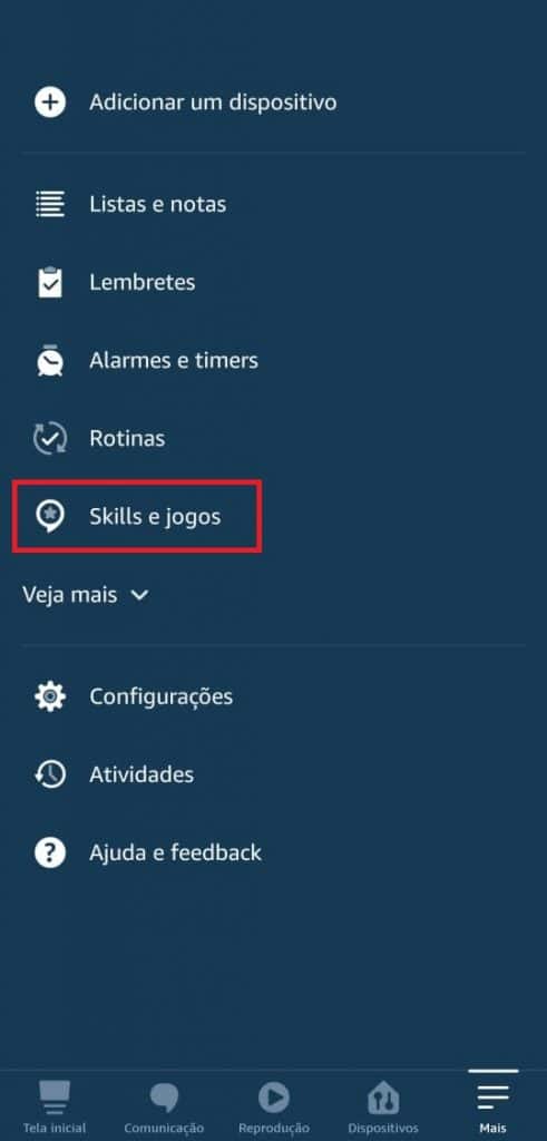 Seção "Skills e jogos" do app da Alexa