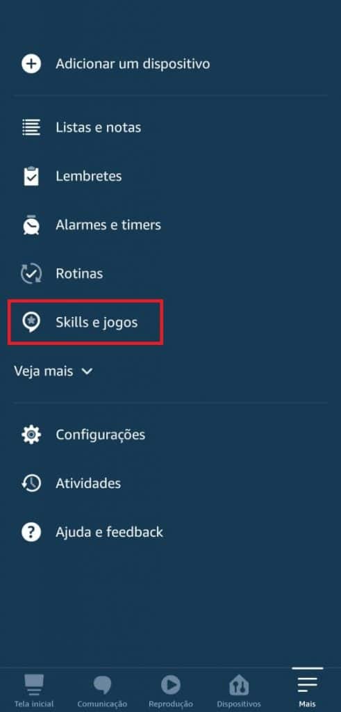 Seção "Skills e jogos" do app da Alexa