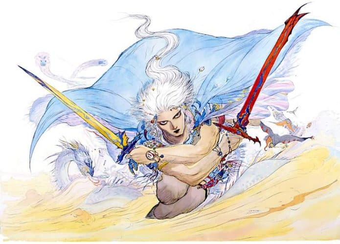 Imagem mostra arte conceitual do Guerreiro da Luz, um dos protagonistas do primeiro Final Fantasy, desenhado por Yoshitaka Amano