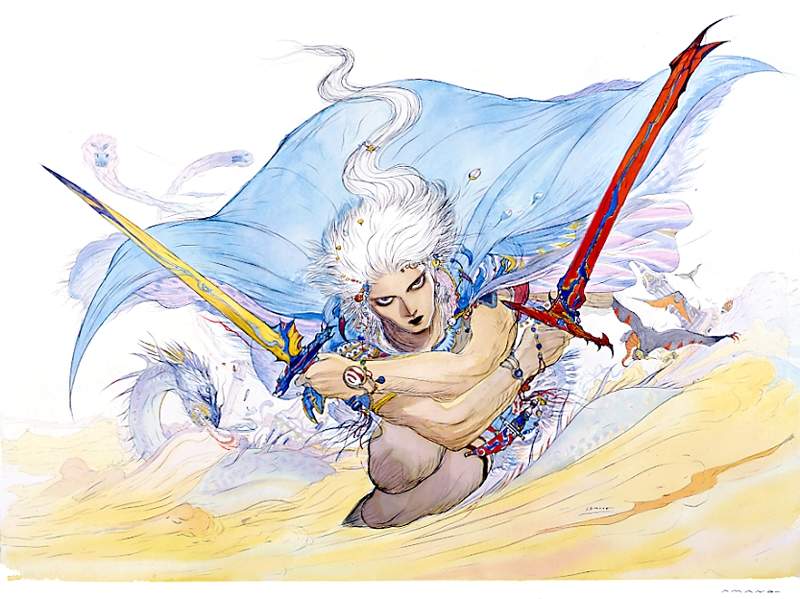 Imagem mostra arte conceitual do Guerreiro da Luz, um dos protagonistas do primeiro Final Fantasy, desenhado por Yoshitaka Amano