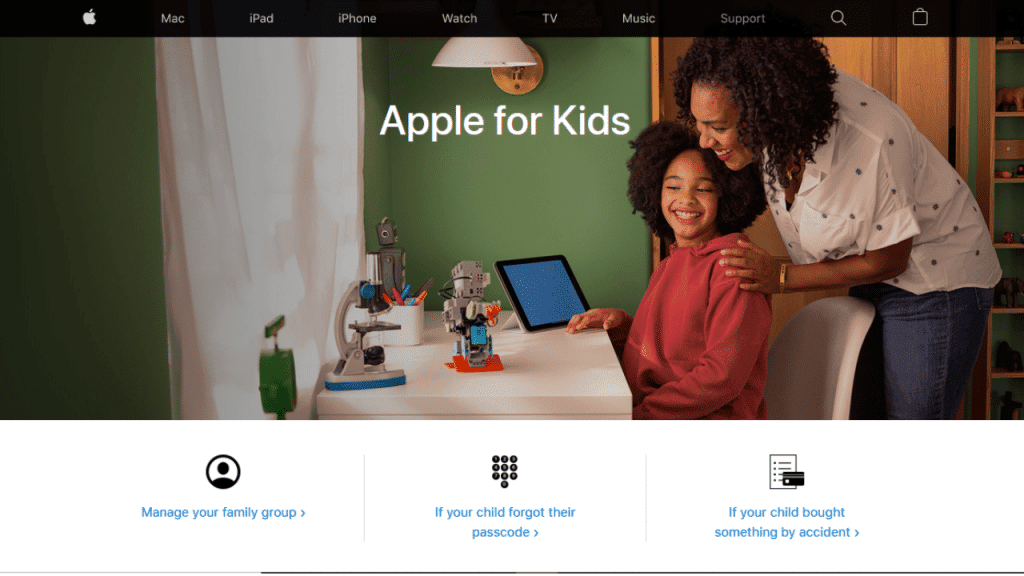 Imagem mostra a página principal do site "Apple for Kids", voltado à configuração e gerenciamento familiar de iPhones, iPads e outros dispositivos