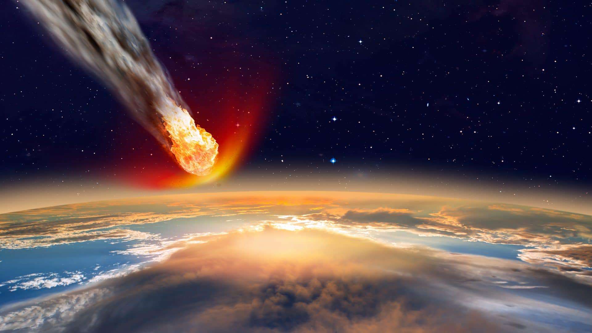 Ilustração 3D de asteroide chegando na Terra