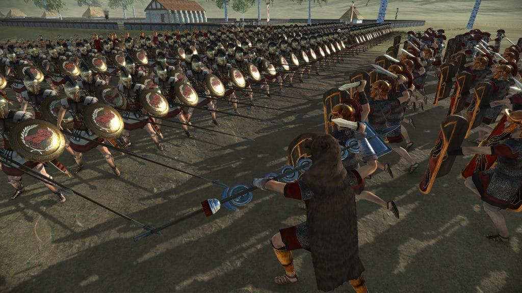 Falange grega contra centuriões romanos em Cavalaria romana avança sobre os gauleses em 'Total War: Rome Remastered'. Imagem: Creative Assembly/Divulgação