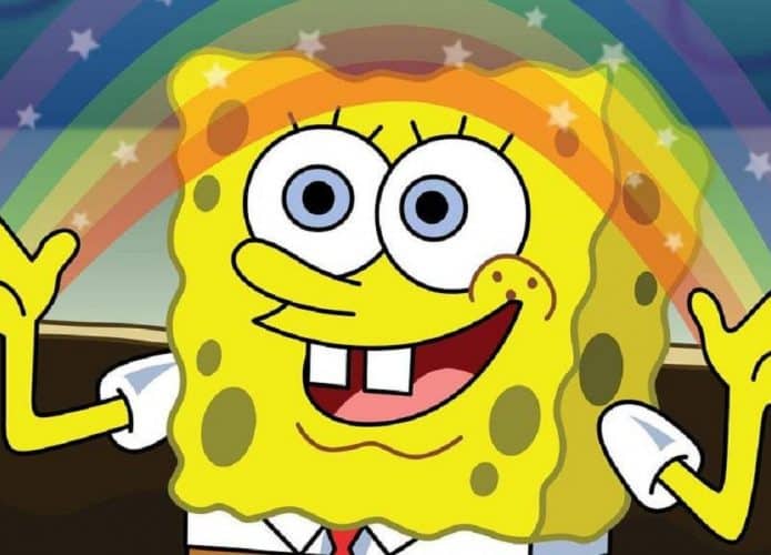 Bob EsBob Esponja fazendo um arco-íris com as mãos ponja