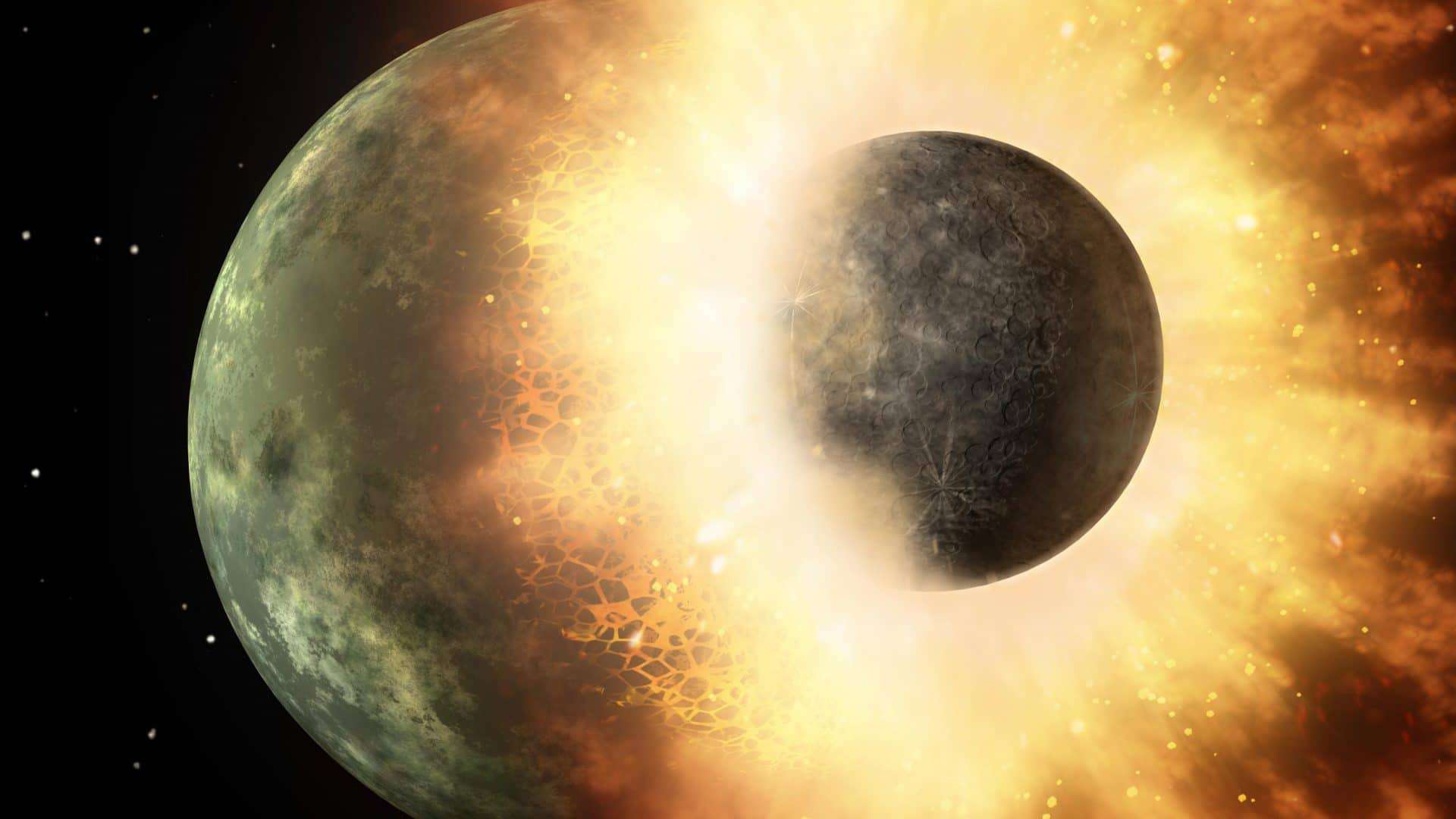 Ilustração imagina a colisão de um planeta do tamanho de Mercúrio com outro do tamanho de nossa Lua.