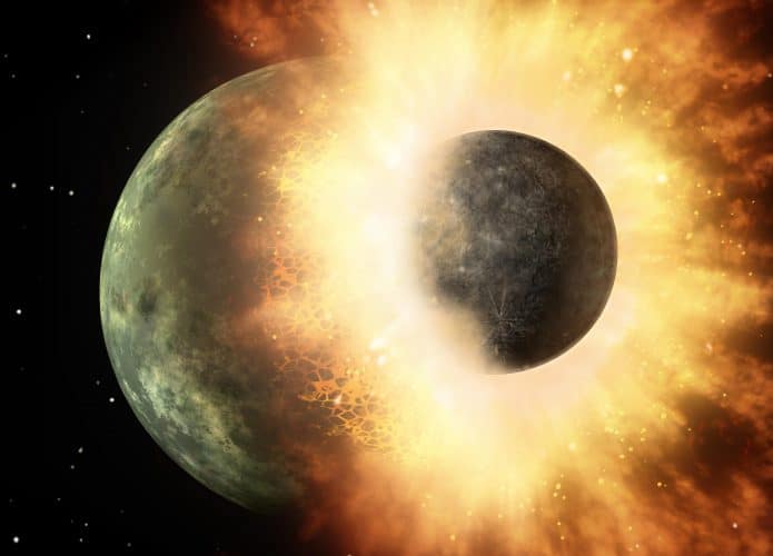 Ilustração imagina a colisão de um planeta do tamanho de Mercúrio com outro do tamanho de nossa Lua.