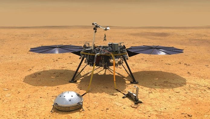 Em solo marciano desde 2018, a InSight analisa as ondas sísmicas do planeta vermelho. Imagem: Nasa/Divulgação