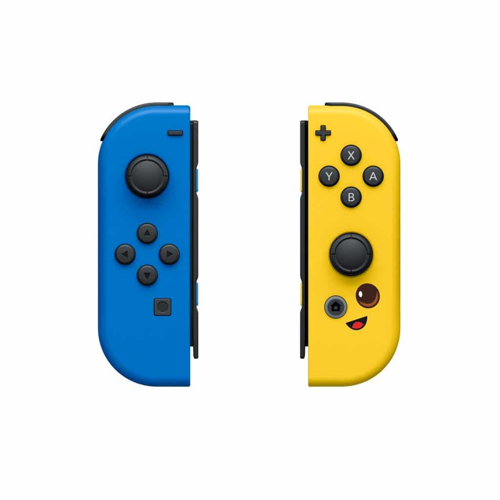 Imagem mostra os Joy-Cons baseados em "Fortnite", que a Nintendo vai lançar em parceria com a Epic Games. De um lado, um controle azul, enquanto o outro tem cor amarela e um emoji de adesivo