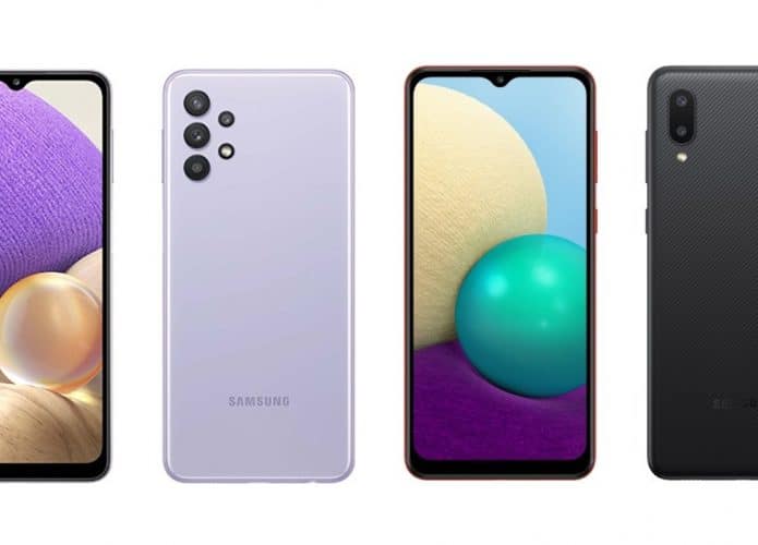 Frente e verso do Galaxy A32 na cor violeta e Galaxy A02 na cor preta