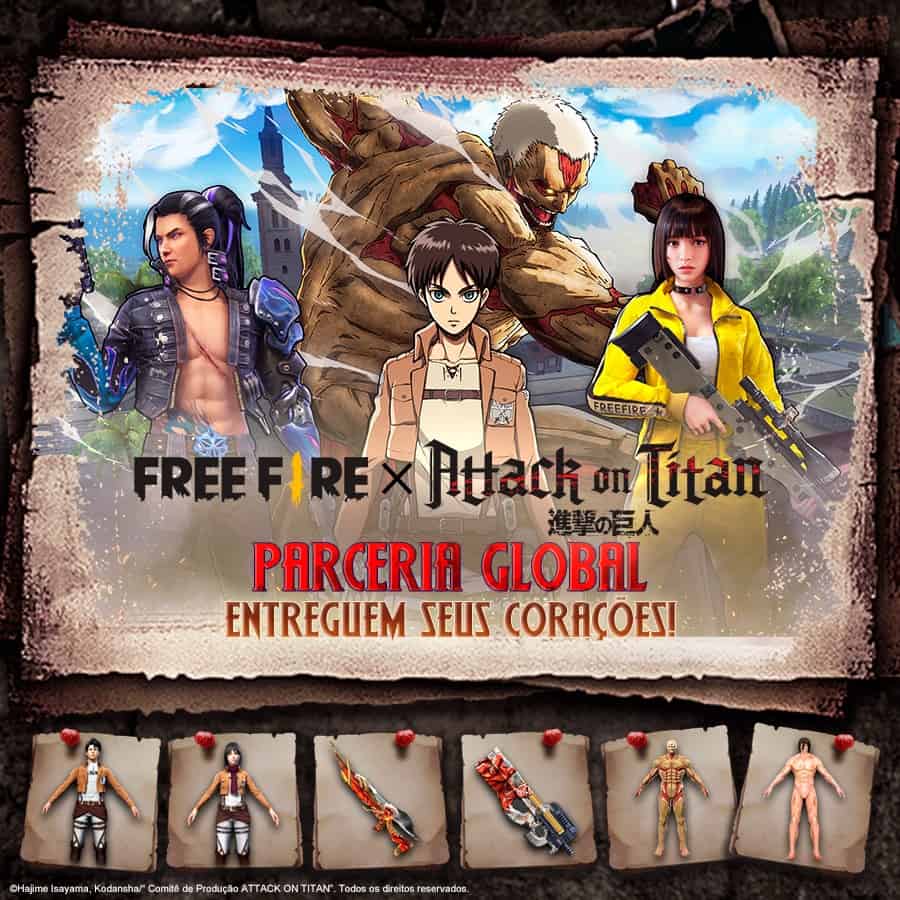 Banner de divulgação de Free Fire com Attack on Titan mostrando os personagens, um gigante titã ao fundo e abaixo armas e trajes do crossover