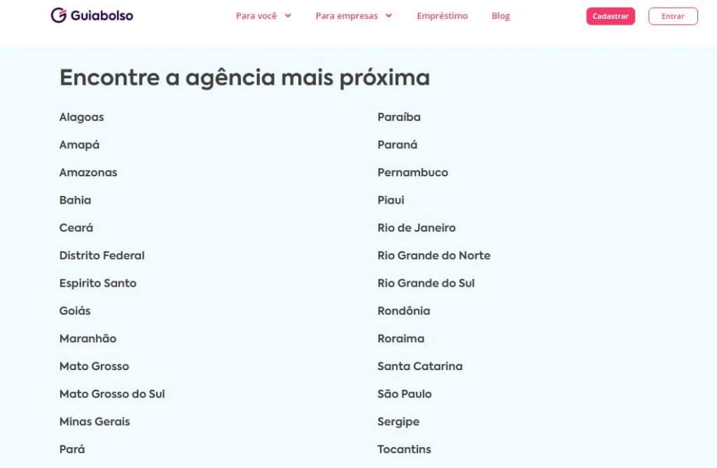 Página de definição do estado para encontrar banco mais próximo