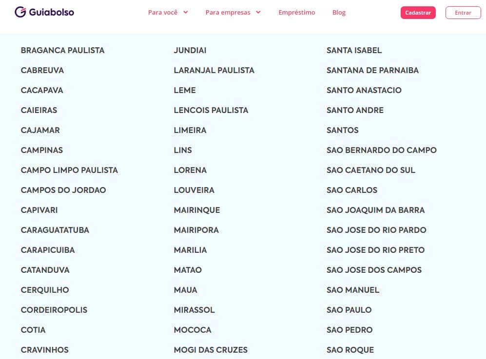 Página do Guiabolso para definir a cidade