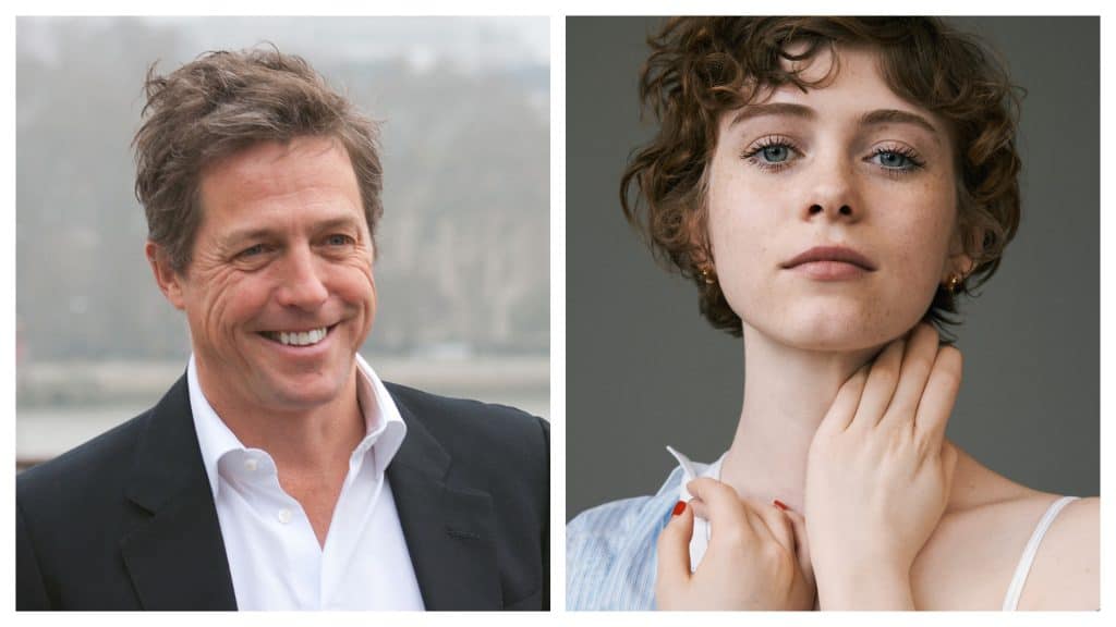 O ator Hugh Grant (esq.) e a atriz Sophia Lillis (dir.) são as novas contratações pra o elenco da adaptação de "Dungeons and Dragons" nos cinemas. Imagem: Julien Rath/Wikimedia Commons/IMDB/Reprodução