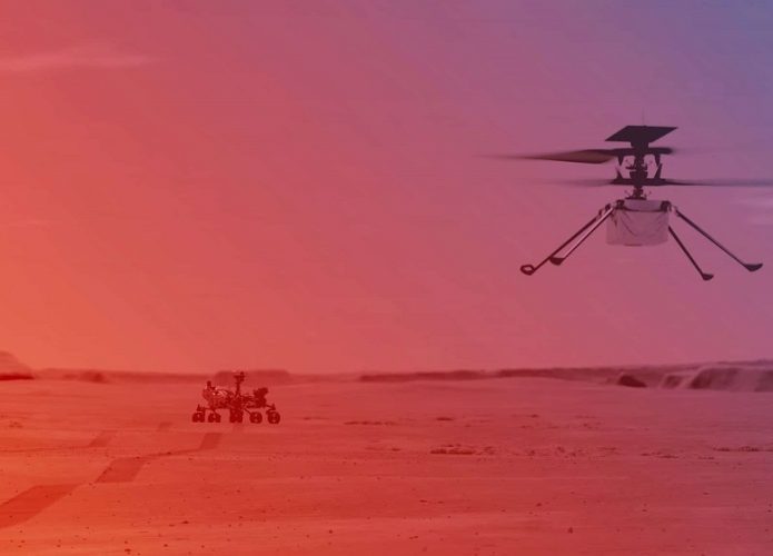 Ilustração imagina o primeiro voo do helicóptero Ingenuity na superfície de Marte