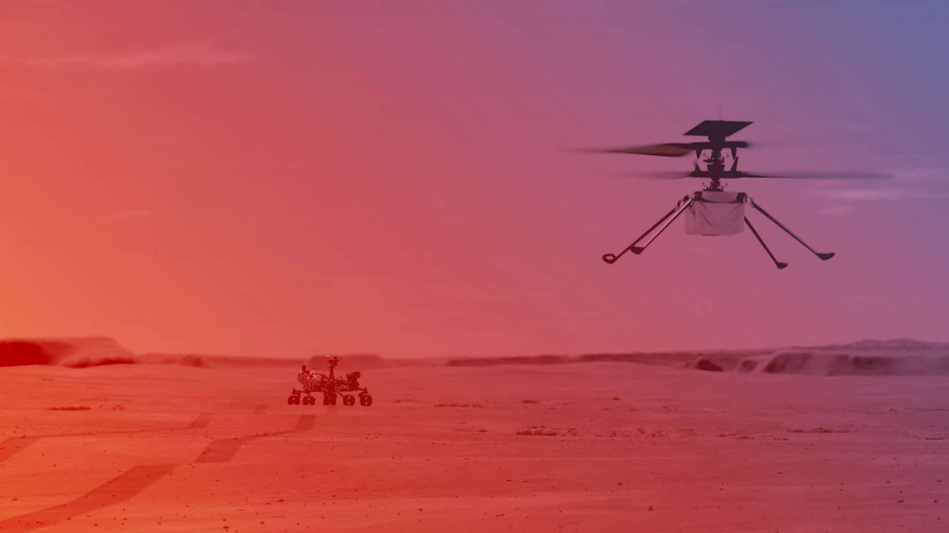 Ilustração imagina o primeiro voo do helicóptero Ingenuity na superfície de Marte