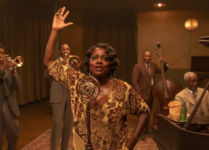 Chadwick Boseman, Colman Domingo, Viola Davis, Michael Potts e Glynn Turman em 'A Voz Suprema do Blues'. Imagem: David Lee/Netflix