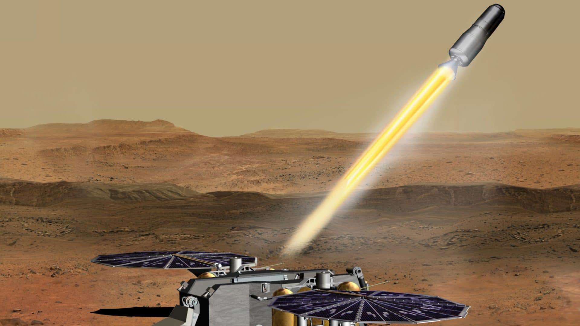 Ilustração da decolagem do MAPS na missão Mars Sample Return, levando amostras do solo marciano à Terra