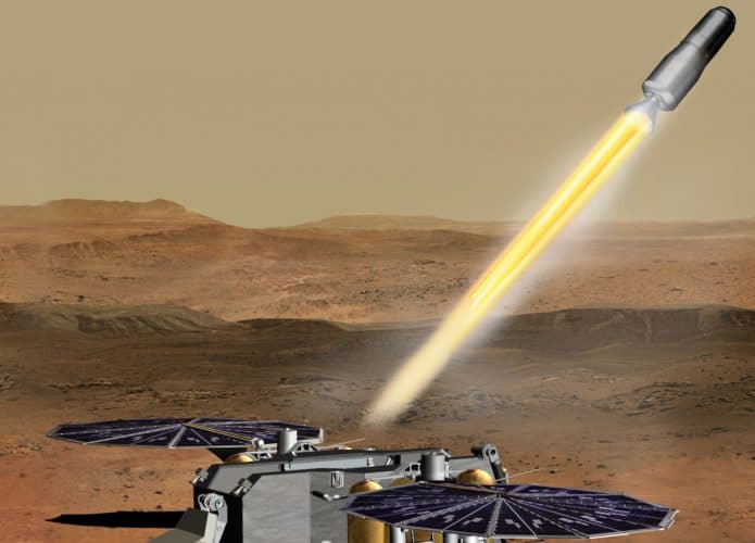 Ilustração da decolagem do MAPS na missão Mars Sample Return, levando amostras do solo marciano à Terra