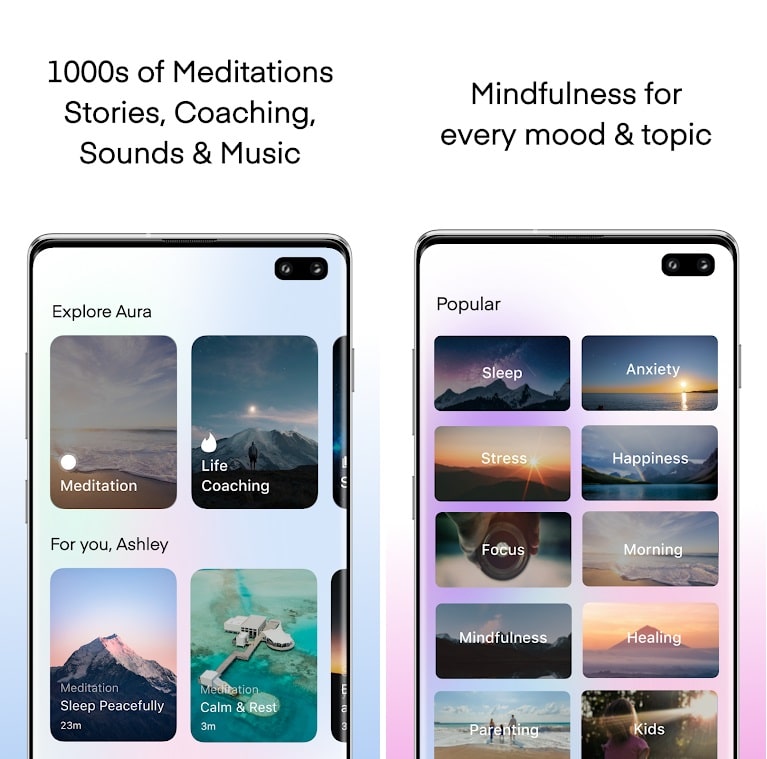 Screenshots do aplicativo de meditação Aura Screenshots do aplicativo de meditação Aura