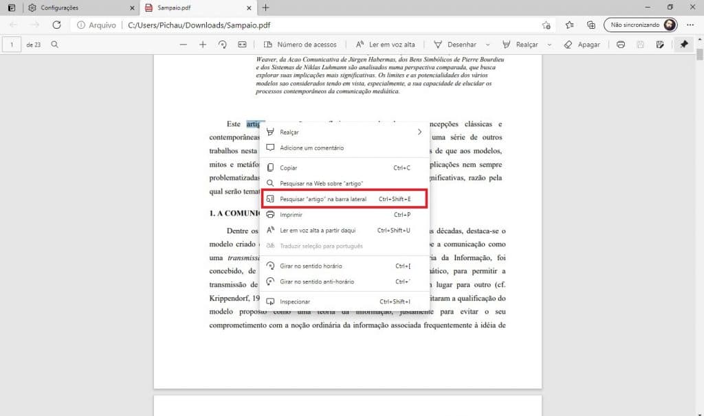 Selecionando a palavra no arquivo em PDF