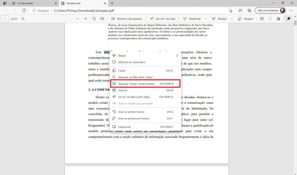 Selecionando a palavra no arquivo em PDF